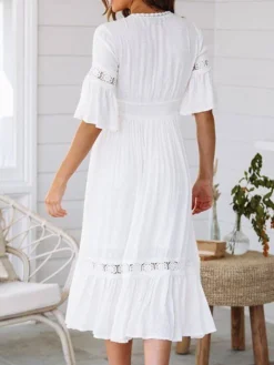 Women's Casual Dress Swing Dress Summer Dress Plain Ruffle V Neck Midi Dress Basic Fashion Outdoor Daily Half Sleeve Loose Fit White Spring Summer S M L XL -HANs Plus Size Style Shop dgzmsm1673432781588