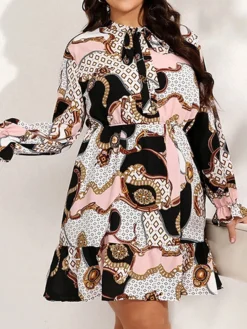 Women's Plus Size Curve Casual Dress Chiffon Dress A Line Dress Geometric Color Block Midi Dress Long Sleeve Lace Up Print Stand Collar Fashion Daily Pink Blue Fall Winter L XL XXL 3XL 4XL -HANs Plus Size Style Shop dhcujl1695025296716