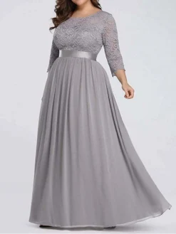 Women's Plus Size Curve Prom Dress Party Dress Lace Dress Long Dress Maxi Dress White Pink Wine 3/4 Length Sleeve Pure Color Lace Spring Fall Winter Crew Neck Fashion Birthday Evening Party -HANs Plus Size Style Shop dhfukk1692156790118