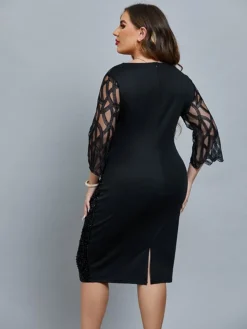 Women's Plus Size Curve Party Dress Solid Color Crew Neck Sequins 3/4 Length Sleeve Spring Fall Sequins Prom Dress Midi Dress Formal Party Dress / Sequin Dress / Mesh -HANs Plus Size Style Shop dhgeqt1666148779549