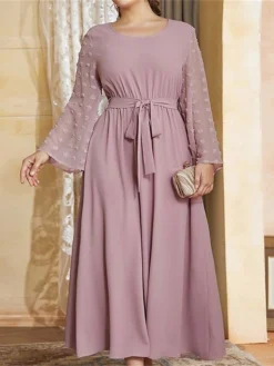 Women's Plus Size Prom Dress Party Dress Wedding Guest Dress Midi Dress Light Purple Long Sleeve Pure Color Lace Up Fall Winter Autumn Crew Neck Fashion Winter Dress Evening Party Wedding Guest 2023 -HANs Plus Size Style Shop dhgjyy1693535306315