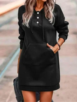 Women's Casual Dress Shift Dress Plain Dress Mini Dress Button Pocket Outdoor Street Daily Fashion Streetwear Hooded Long Sleeve 2023 Loose Fit Black Light Green Wine Color S M L XL XXL Size -HANs Plus Size Style Shop didqef1692259887262