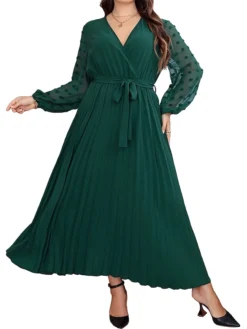 Women's Plus Size Curve Prom Dress Party Dress Wedding Guest Dress Long Dress Maxi Dress Blue Green Long Sleeve Pure Color Lace Up Fall Winter Autumn V Neck Fashion Evening Party Wedding Guest -HANs Plus Size Style Shop dihnfy1693205376024