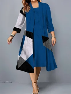 Women's Plus Size Curve Casual Dress Dress Set Two Piece Dress Geometric Color Block Midi Dress 3/4 Length Sleeve Print Crew Neck Fashion Outdoor Black Red Fall Winter L XL XXL 3XL 4XL -HANs Plus Size Style Shop dindfo1695808177941