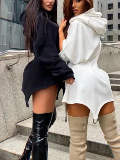 Women's Casual Dress Hoodie Dress Mini Dress Active Vacation Formal Holiday Vacation Hoodie Design Solid Color Slim Black White Pink S M L XL -HANs Plus Size Style Shop diqocv1697107035520