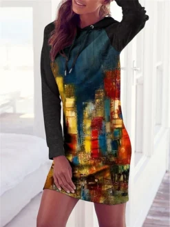 Women's Casual Dress Hoodie Dress Winter Dress Geometric Color Block Print Hooded Mini Dress Fashion Streetwear Outdoor Daily Long Sleeve Loose Fit Navy Blue Blue Rainbow Fall Winter S M L XL XXL -HANs Plus Size Style Shop diyvfg1694153550901