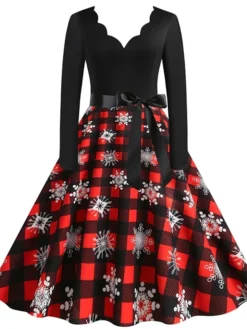 Women's Christmas Swing Dress Vintage DressKnee Length Dress Blue Red Navy Blue Black Long Sleeve Plaid Santa Claus Elk Bow Print Fall Winter V Neck Vacation Vintage 2022 S M L XL XXL 3XL -HANs Plus Size Style Shop dizoel1665293398666
