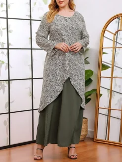 Women's Plus Size Curve Casual Dress A Line Dress Floral Dress Solid Color Floral Long Dress Maxi Dress Long Sleeve Fake Two Piece Crew Neck Fashion Party Green Fall Winter XL XXL 3XL 4XL -HANs Plus Size Style Shop dizojm1695018764148