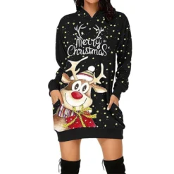 Women‘s Christmas Hoodie Dress Winter DressShort Mini Dress Red Black Long Sleeve Elk Tree Pocket Fall Winter Hooded Stylish Modern Loose Fit 2022 S M L XL XXL 3XL -HANs Plus Size Style Shop djsftu1663726328566