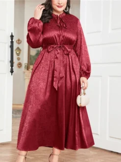 Women's Plus Size Prom Dress Party Dress Wedding Guest Dress Long Dress Maxi Dress Wine Long Sleeve Pure Color Lace Up Fall Winter Autumn Crew Neck Fashion Winter Dress Wedding Guest Evening Party -HANs Plus Size Style Shop djubuz1693210728274