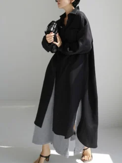 Women's Shirt Dress Casual Dress Linen Dress Maxi Long Dress Winter Dress Daily Holiday Polyester Casual Mature Shirt Collar Zipper Button Long Sleeve Summer Spring Fall 2023 Loose Fit Black Navy -HANs Plus Size Style Shop dkotzj1655346773522