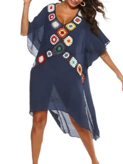 Women's Swimwear Cover Up Beach Dress Normal Swimsuit Splice Floral White Black Navy Blue V Wire Bathing Suits New Vacation Fashion /y / Modern -HANs Plus Size Style Shop dktuqr1652335458430