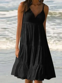 Women's Casual Dress Slip Dress Loose Dress Plain Ruched Ruffle Strap Midi Dress Active Fashion Outdoor Daily Sleeveless Loose Fit Black White Yellow Spring Summer S M L XL XXL -HANs Plus Size Style Shop dllhuw1676969049686