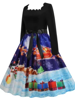 Women's Christmas Casual Dress Vintage Dress Midi Dress Black Blue Wine Long Sleeve Santa Claus Bow Winter Fall Spring Square Neck Vacation Christmas Daily Vacation 2022 S M L XL XXL 3XL -HANs Plus Size Style Shop dlmebp1667637129305