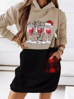 Women's Christmas Hoodie Dress Winter Dress Mini Dress Green Black Wine Khaki Red White Long Sleeve Print Print Winter Fall Hooded Fashion Casual Modern Fall Dress Loose Fit 2022 S M L XL 2XL