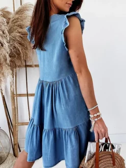 Women's Denim Dress Swing Dress Mini Dress Denim Fashion Casual Outdoor Daily Crew Neck Ruched Smocked Short Sleeve Summer Spring Fall 2023 Loose Fit Blue Plain S M L XL -HANs Plus Size Style Shop dmioby1677234932553