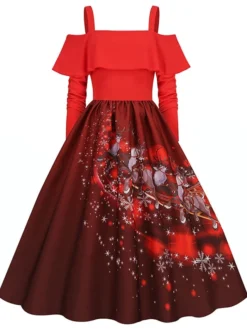 Women's Christmas Swing Dress Slip Dress Vintage Dress Midi Dress Black Wine Light Red Long Sleeve Santa Claus Cold Shoulder Winter Fall Autumn Spaghetti Strap Modern Vacation 2022 S M L XL XXL 3XL -HANs Plus Size Style Shop dmmswa1667793477321
