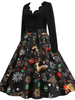 Women's Christmas Casual Dress Swing Dress Vintage Dress Midi Dress Black Wine Orange Long Sleeve Animal Bow Winter Fall Autumn V Neck 2022 S M L XL XXL 3XL -HANs Plus Size Style Shop dmteot1666853152397