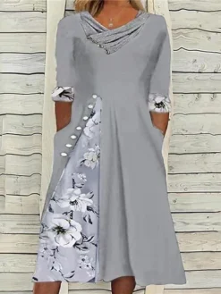 Women‘s Plus Size Curve Casual Dress Floral V Neck Print 3 4 Length Sleeve Spring Fall Casual Midi Dress Casual Daily Dress