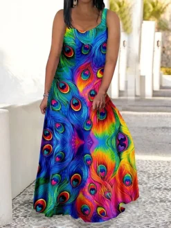 Women‘s Plus Size Curve Casual Dress Swing Dress Strap Dress Peacock Feather Long Dress Maxi Dress Sleeveless Print Strap Romantic Daily Deep Green Multicolor Summer Spring L XL XXL 3XL 4XL -HANs Plus Size Style Shop dnjral1679902265141