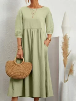 Women's Casual Dress Midi Dress Black White Pink 3/4 Length Sleeve Pure Color Ruched Summer Spring Crew Neck Casual 2023 S M L XL XXL -HANs Plus Size Style Shop dnmovd1628228163518