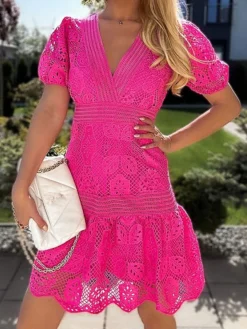 Women's Casual Dress Lace Dress White Dress Mini Dress Lace Patchwork Daily Date Going Out Fashion Basic V Neck Short Sleeve 2023 Regular Fit White Sky Blue Purple Color S M L XL Size -HANs Plus Size Style Shop dnpozf1689244898076