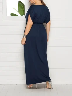 Women's Plus Size Curve Party Dress Sheath Dress Formal Dress Maxi Dress White Wine Royal Blue Short Sleeve Pure Color Lace Up Spring Fall Autumn V Neck Fashion Birthday Wedding Guest Vacation -HANs Plus Size Style Shop dogeds1692178809299