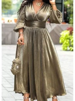 Women‘s Plus Size Curve Party Dress Solid Color V Neck Ruched 3/4 Length Sleeve Winter Fall Vintage Elegant Maxi Long Dress Formal Party Dress
