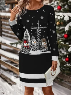 Women's Christmas Dress Casual Dress Mini Dress Active Fashion Outdoor Christmas Holiday Crew Neck Print Snowman Loose Fit Black S M L XL XXL