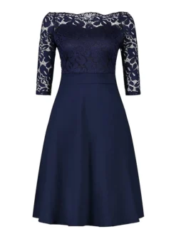 Women‘s Plus Size Curve Party Dress Solid Color Off Shoulder Lace Half Sleeve Summer Spring Elegant Formal Midi Dress Party Cocktail Party Dress -HANs Plus Size Style Shop dphbua1671609797586