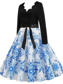 Women's Christmas Retro 1950s Vintage Dress Midi Dress Party Ruched Bow Fruit V Neck Long Sleeve Regular Fit Fall Winter 2023 Deep Green Black S M L XL -HANs Plus Size Style Shop dpluiv1695363828171