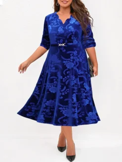 Women's Plus Size Party Dress Velvet Dress Cocktail Dress Midi Dress Wine Blue Purple Long Sleeve Floral Jacquard Spring Fall Winter Split Neck Fashion Winter Dress Wedding Guest Vacation 2023 XL XXL -HANs Plus Size Style Shop dqifrp1694659202430
