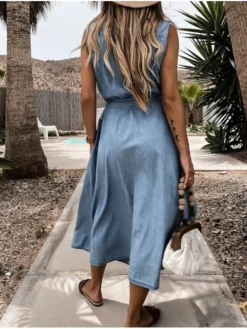 Women's Denim Dress Denim Shirt Dress Maxi Long Dress Denim Hot Casual Daily Shirt Collar Lace Up Button Sleeveless Summer Spring 2022 Regular Fit Light Blue Pure Color S M L XL -HANs Plus Size Style Shop dqjihm1594797025780