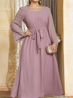Women's Plus Size Prom Dress Party Dress Wedding Guest Dress Midi Dress Light Purple Long Sleeve Pure Color Lace Up Fall Winter Autumn Crew Neck Fashion Winter Dress Evening Party Wedding Guest 2023 -HANs Plus Size Style Shop dqkdnq1693535307117