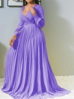 Women‘s Plus Size Curve Casual Dress Solid Color V Neck Ruched Long Sleeve Fall Winter Stylish Casual Maxi Long Dress Daily Date Dress -HANs Plus Size Style Shop dqkrdc1663739325090