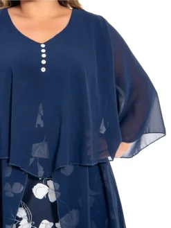 Women's Plus Size Curve Work Dress Floral V Neck Ruched 3/4 Length Sleeve Spring Summer Work Elegant Midi DressLayered Formal Vacation Dress -HANs Plus Size Style Shop dqndfz1694765025273