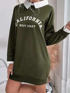 Women's Casual Dress Sweatshirt Dress Winter Dress Letter Patchwork Print Shirt Collar Mini Dress Fashion Streetwear Outdoor Street Long Sleeve Loose Fit Black Army Green Dark Blue Fall Winter S M L -HANs Plus Size Style Shop dqrkyx1693556892483