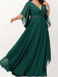Women‘s Plus Size Curve Casual Dress Swing Dress Plain Long Dress Maxi Dress 3/4 Length Sleeve Layered V Neck Basic Outdoor Dark Green Summer Spring L XL XXL 3XL 4XL -HANs Plus Size Style Shop dqrvpf1685008004223