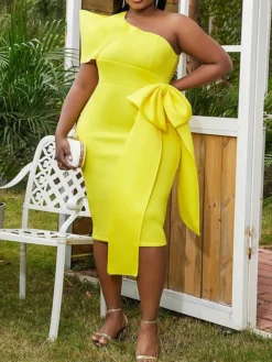 Women's Plus Size Curve Party Dress Cocktail Dress Bodycon Plain Midi Dress Short Sleeve Ruffle Bow One Shoulder Fashion Party Yellow Pink Fall Winter XL XXL 3XL 4XL -HANs Plus Size Style Shop dqwelq1694425975454