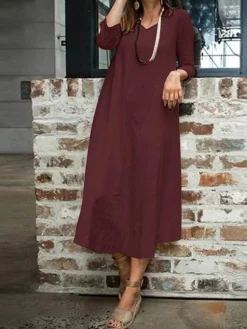 Women's Plus Size Curve Work Dress A Line Dress Fashion Long Dress Maxi Dress Patchwork V Neck 3/4 Length Sleeve Plain Loose Fit Wine Dark Blue Beige Fall L XL XXL 3XL 4XL -HANs Plus Size Style Shop dsiknu1693299510897