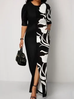 Women‘s Plus Size Curve Work Dress Print Crew Neck Split Half Sleeve Spring Fall Stylish Elegant Maxi Long Dress Formal Work Dress -HANs Plus Size Style Shop dssmtg1628856861284
