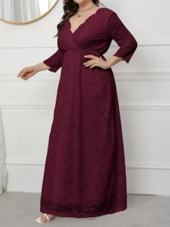 Women's Plus Size Curve Party Dress Lace Dress Formal Dress Solid Color Long Dress Maxi Dress 3/4 Length Sleeve Lace V Neck Fashion Wedding Black White Spring Fall XL XXL 3XL 4XL 5XL