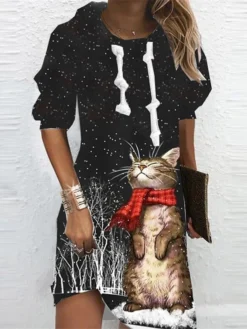 Women's Christmas Hoodie Dress Winter Dress Mini Dress Black Gold Gray Long Sleeve Animal Cat Tree Print Winter Fall Hooded Vacation Casual 2022 S M L XL XXL 3XL