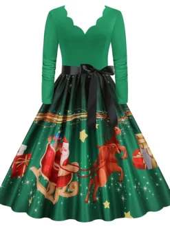 Women's Christmas Party Dress Swing DressKnee Length Dress Green Purple Wine Red Black Long Sleeve Santa Claus Elk Snowman Print Fall Winter V Neck Vintage Party Elegant Party 2022 S M L XL XXL 3XL -HANs Plus Size Style Shop dtaqnk1667874473807