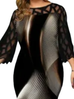 Women‘s Plus Size Curve Party Dress Lace Dress Bodycon Geometric Midi Dress 3/4 Length Sleeve Lace Crew Neck Modern Party Black Fall Spring L XL XXL 3XL 4XL -HANs Plus Size Style Shop dtbbwk1672969562534