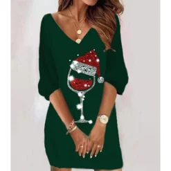 Women‘s Christmas Sweatshirt Dress Winter Dress Short Mini Dress Black 3/4 Length Sleeve Hat Print Fall Winter V Neck Vacation Casual 2022 S M L XL XXL 3XL -HANs Plus Size Style Shop dtmrwz1666781296565