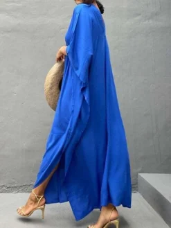 Women's Cover Up Beach Dress Beach Wear Long Dress Maxi Dress Split Basic Casual Plain V Neck 3/4 Length Sleeve Loose Fit Outdoor Daily White Yellow 2023 Spring Summer One Size -HANs Plus Size Style Shop dtpsjr1672912307731