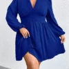Women‘s Plus Size Curve Party Dress Wedding Guest Dress Sheath Dress Mini Dress Blue Long Sleeve Pure Color Ruched Fall Winter Autumn Deep V Fashion Wedding Guest Vacation Fall Dress 2023