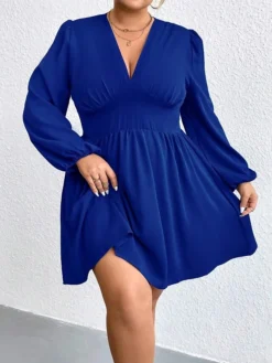 Women‘s Plus Size Curve Party Dress Wedding Guest Dress Sheath Dress Mini Dress Blue Long Sleeve Pure Color Ruched Fall Winter Autumn Deep V Fashion Wedding Guest Vacation Fall Dress 2023
