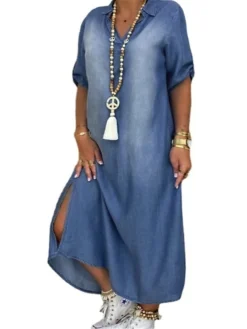 Women‘s Plus Size Curve Casual Dress Shirt Dress Shift Dress Solid Color Long Dress Maxi Dress 3/4 Length Sleeve Button Pocket Shirt Collar Basic Daily Blue Fall Spring L XL XXL 3XL -HANs Plus Size Style Shop dtymwg1676548772580